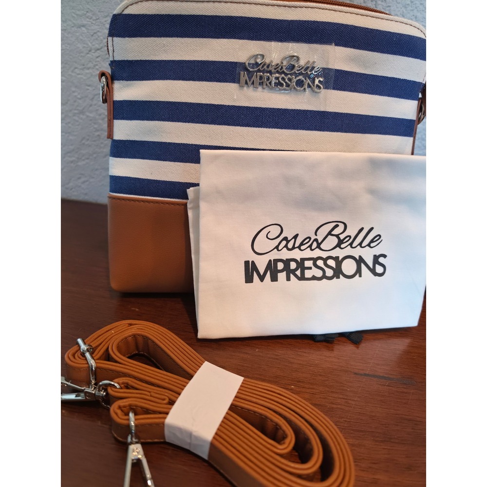 CoseBelle Impressions Blue White Striped Canvas Crossbody Bag Tan Vegan Leather - Picture 6 of 11